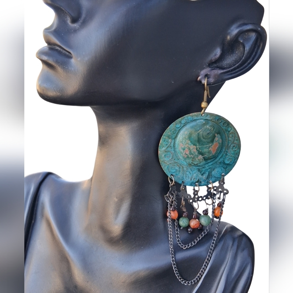 Vintage Verdigris Copper & Gemstone Statement Earrings - Carnelian Aventurine